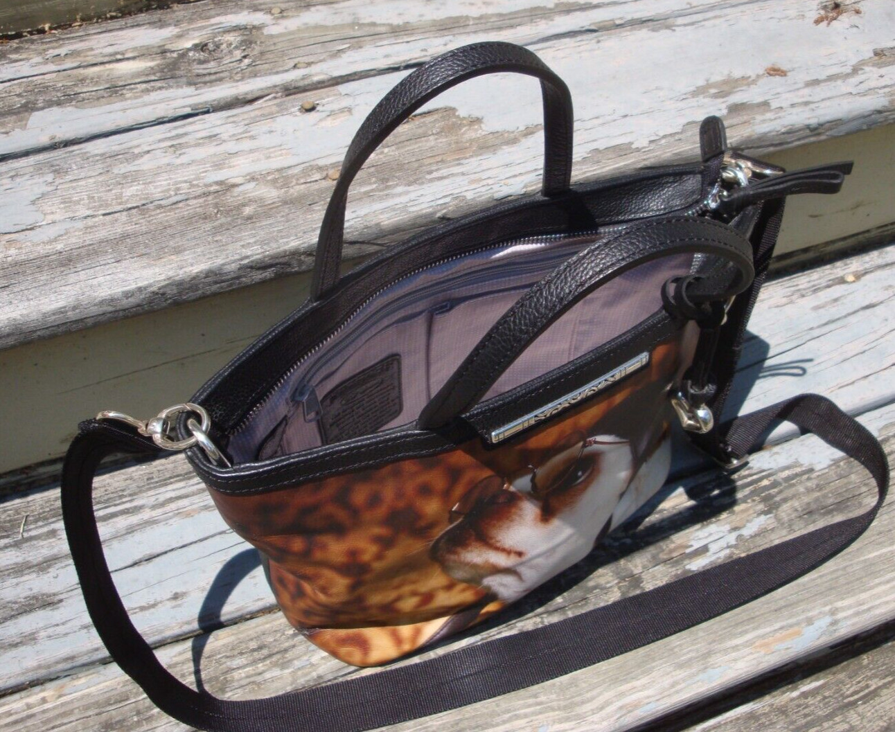 BRIGHTON Black Leather Handbag Tote Pilot Crossbody Dog Purse Pet Gift Aviator