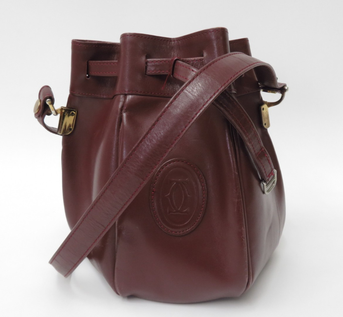 Authentic Must de Cartier Bordeaux Leather Drawstring shoulder Bag #47086