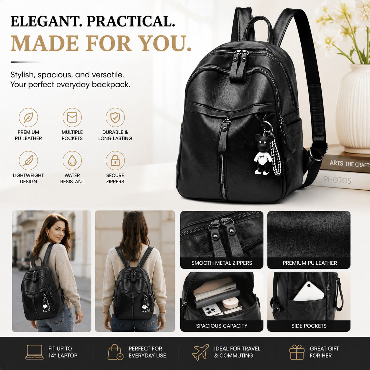 Small Backpack Purse for Women Black Leather Mini Travel Bag 25.5×29.5x10cm