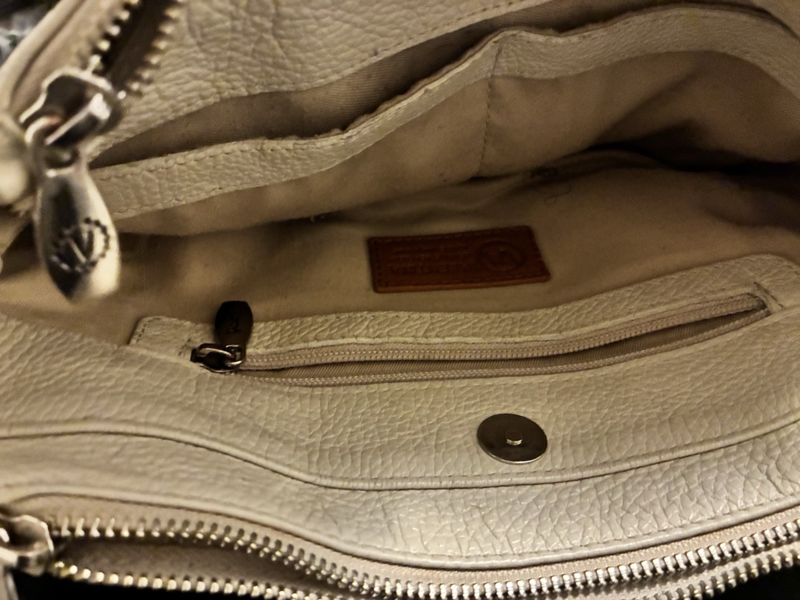 Valentina Pebbled Beige/Brown Shoulder Bag Logo Plaque Zipper Lined Pockets