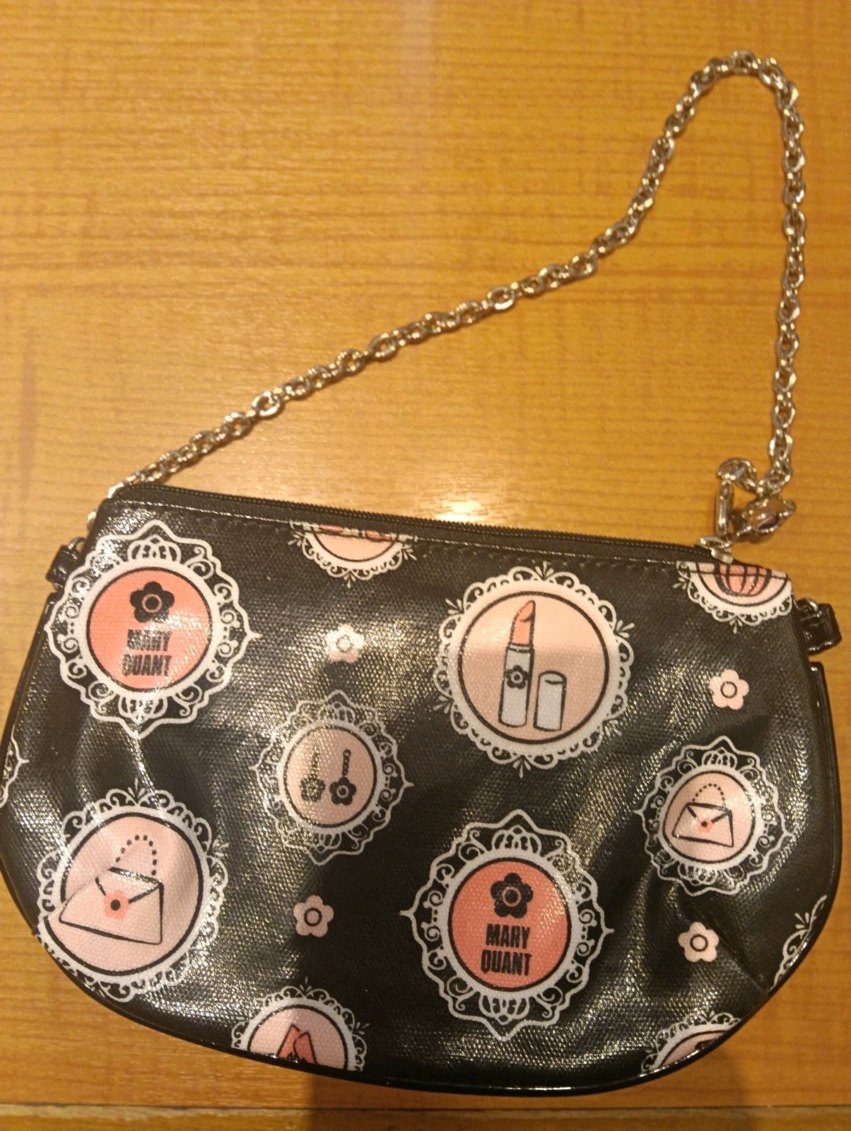MARY QUANT Cosmetic Print Mini Chain Pouch Coin Purse Black Floral Charm