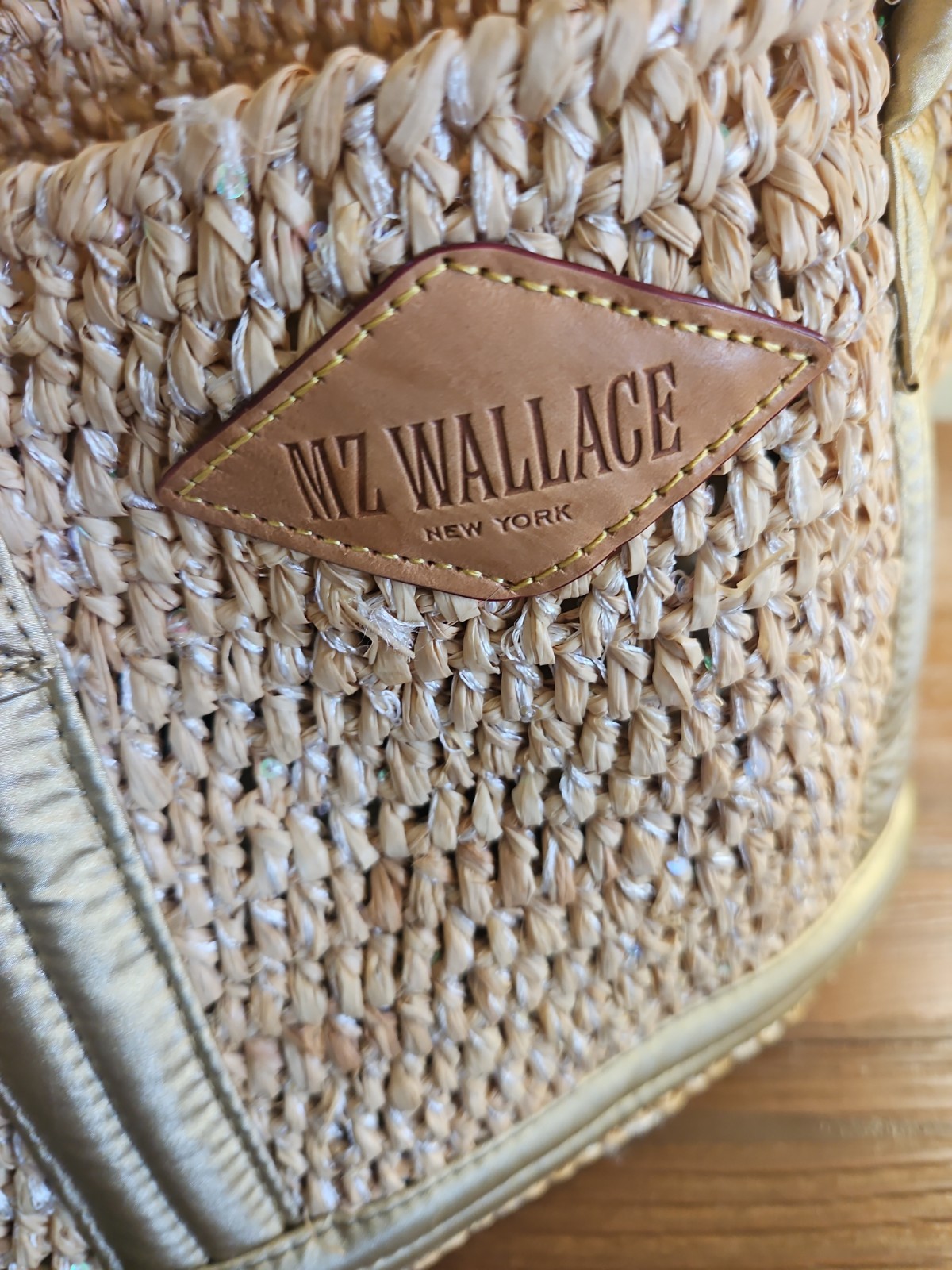 MZ Wallace Crochet Raffia Mini Crossbody Tote Gold