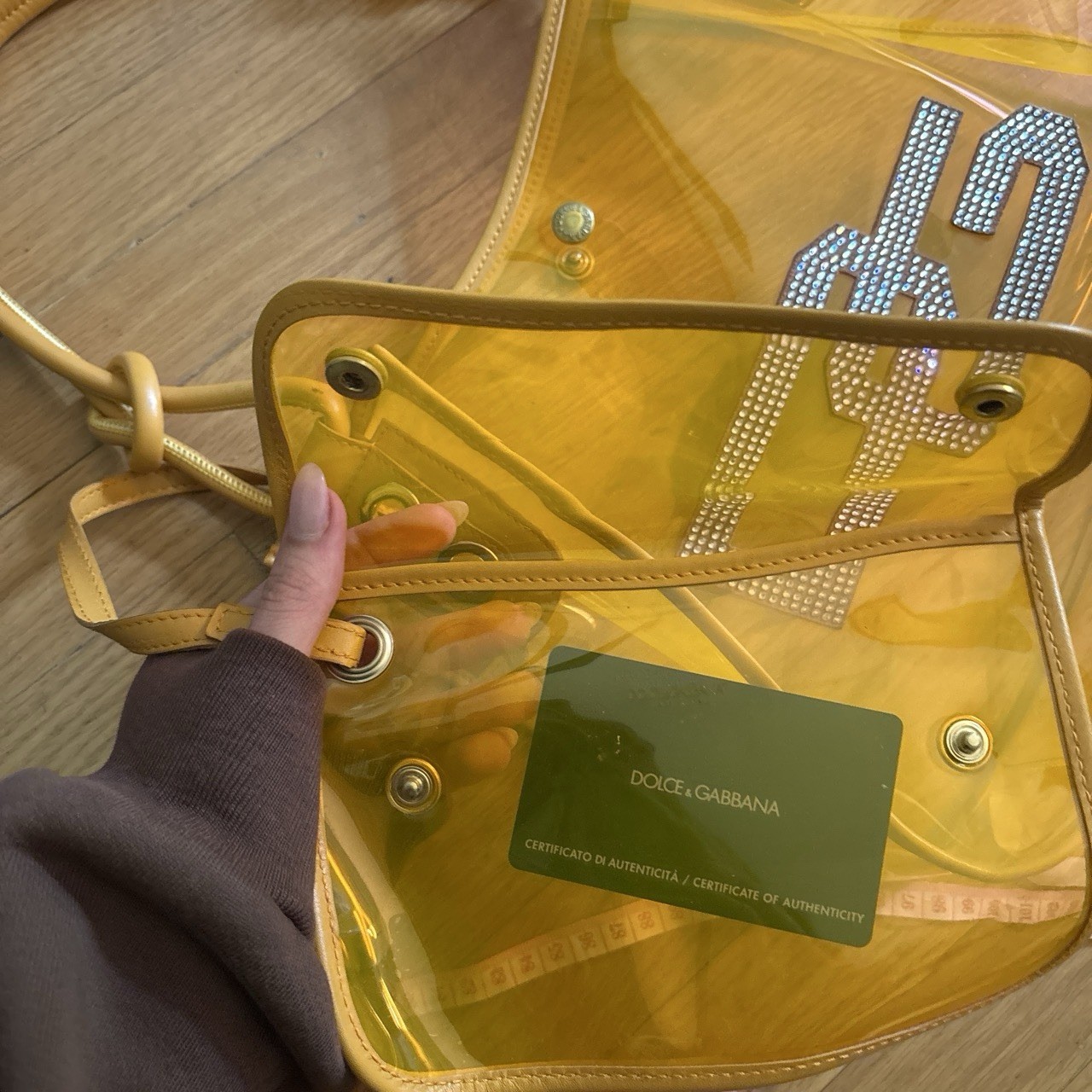 Dolce & Gabbana Yellow Shoulder Bag Rhinestone Logo Snap Closure w/ Brand Card