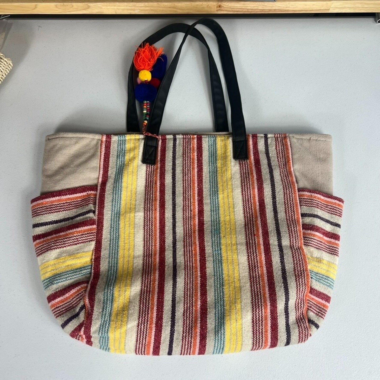 No Boundaries Caroline Multi Striped Boho Woven Cooler Tote Bag with Tassels