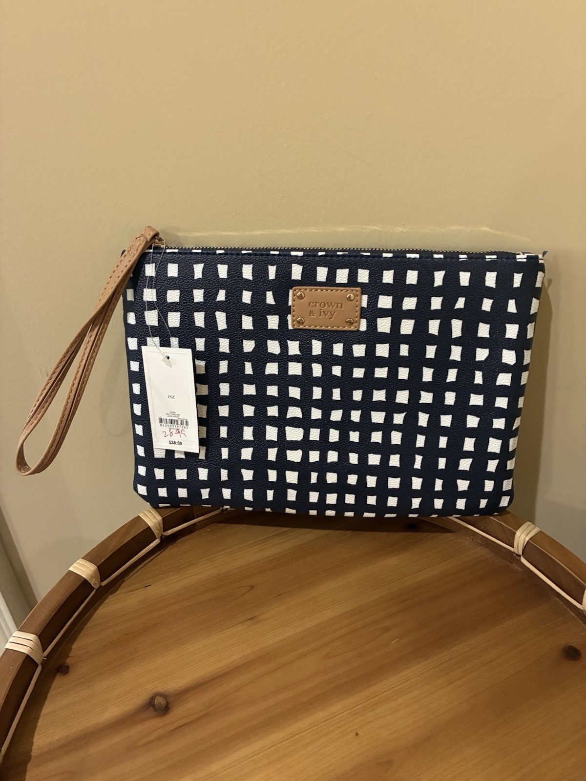 CROWN & IVY WRISTLET CLUTCH BAG NAVY BLUE WHITE GINGHAM NWT