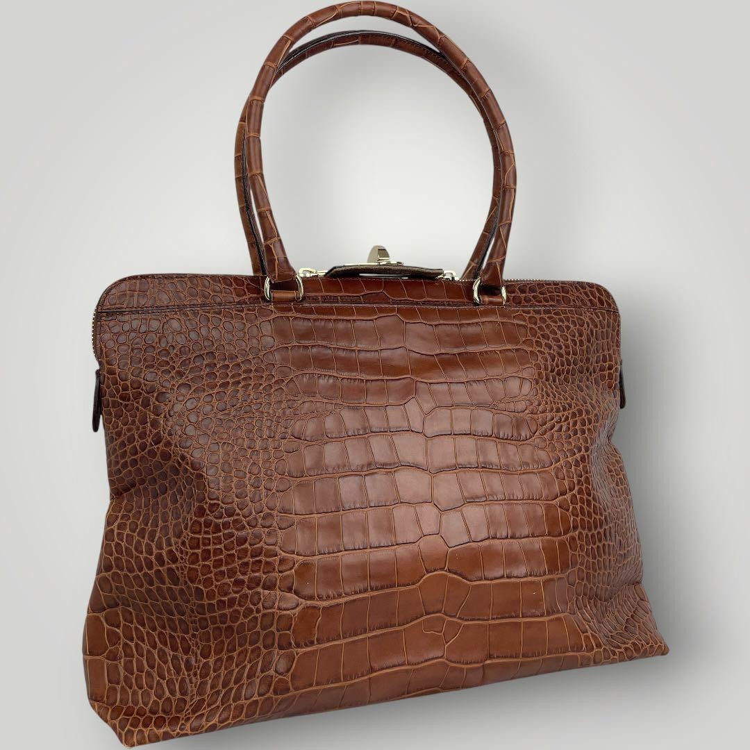 Max Mara Tote Bag Brown Croc Embossed Leather Shoulder Handbag Women USED