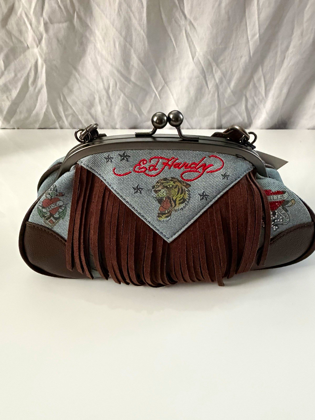 Ed Hardy Blue Brown Fringe Kiss Lock Clutch Top Handle Strap Embroidered Tiger