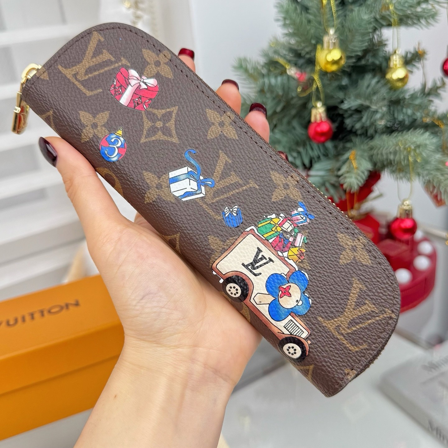 Brown Monogram Leather Pencil Case Zipper Cosmetic Pouch Cartoon Print Holder