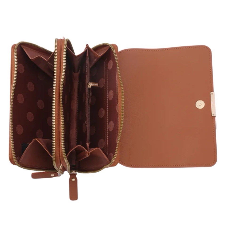 Donna & Becky Leilani Double Zipper Phone Crossbody with Metal Bar, Tan