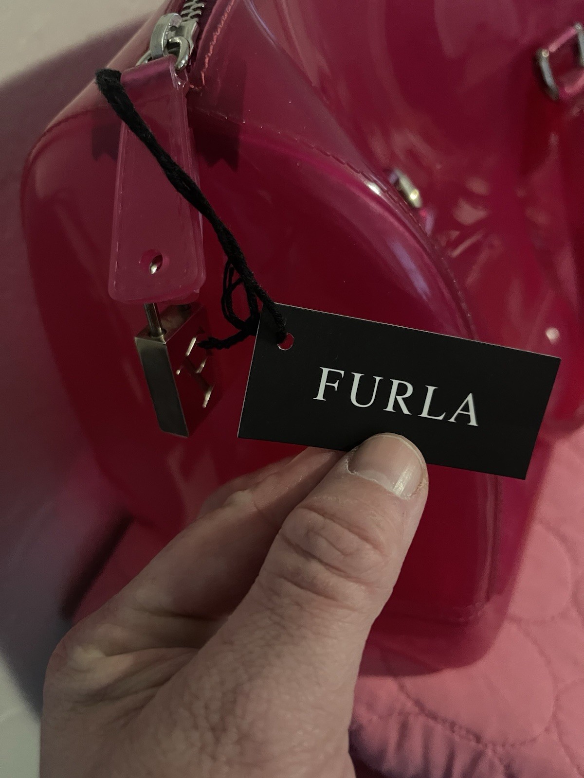 Furla Candy Bag Pink Satchel Lock Charm Brand Logo Silver Hardware