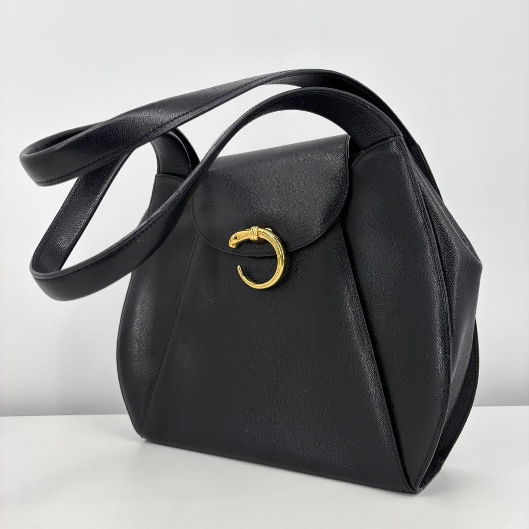 Cartier Panthere Shoulder Bag Leather Black Vintage Women Used Authentic