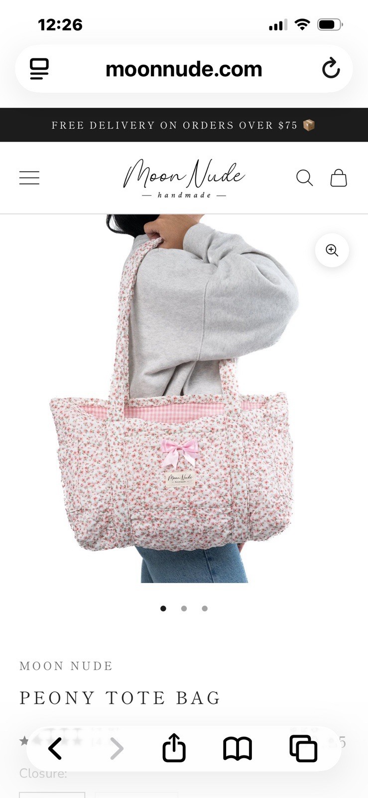 Handmade Moon Nude Peony tote Bag