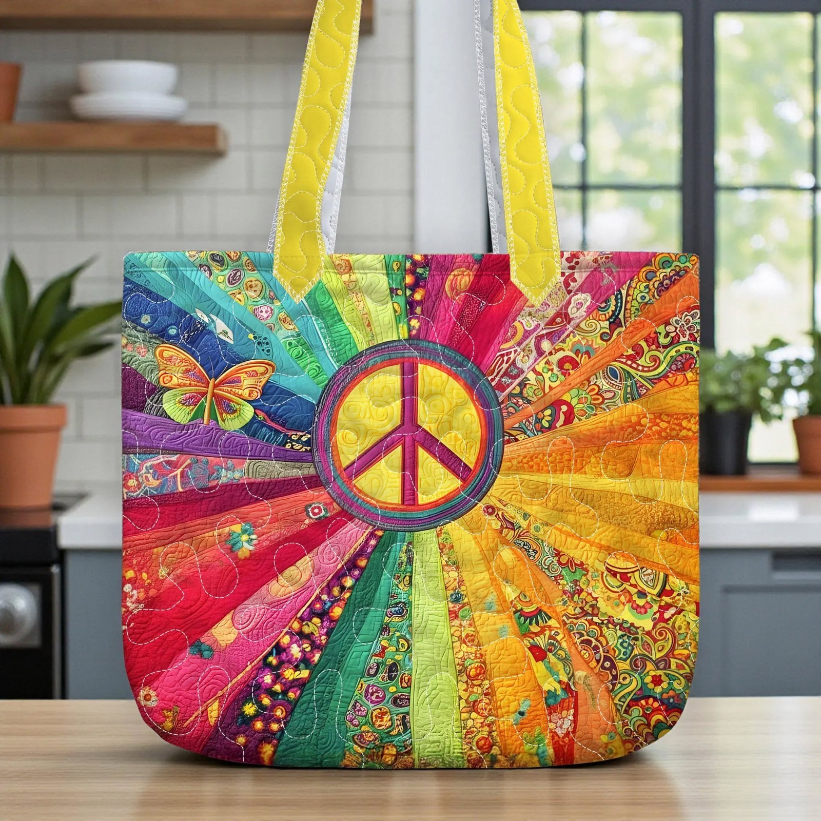 Boho Hippie Peace Symbol Tote Bag Quilted Rainbow Sunshine Festival Reusable