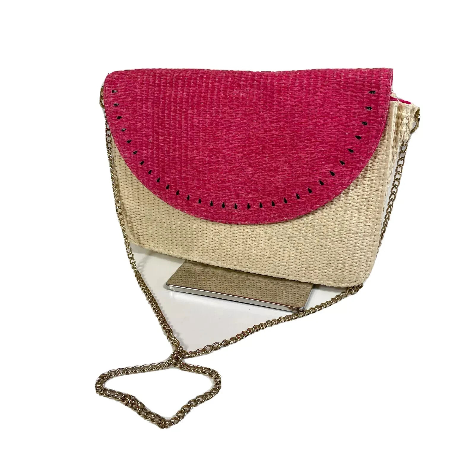 Escada Sorbetto Rosso Watermelon Pink Crossbody Bag Purse Rattan Chain
