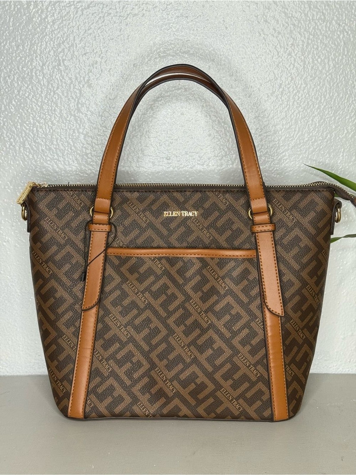 Ellen Tracy – Brown Monogram Tote with Tan Trim Brand New Bag
