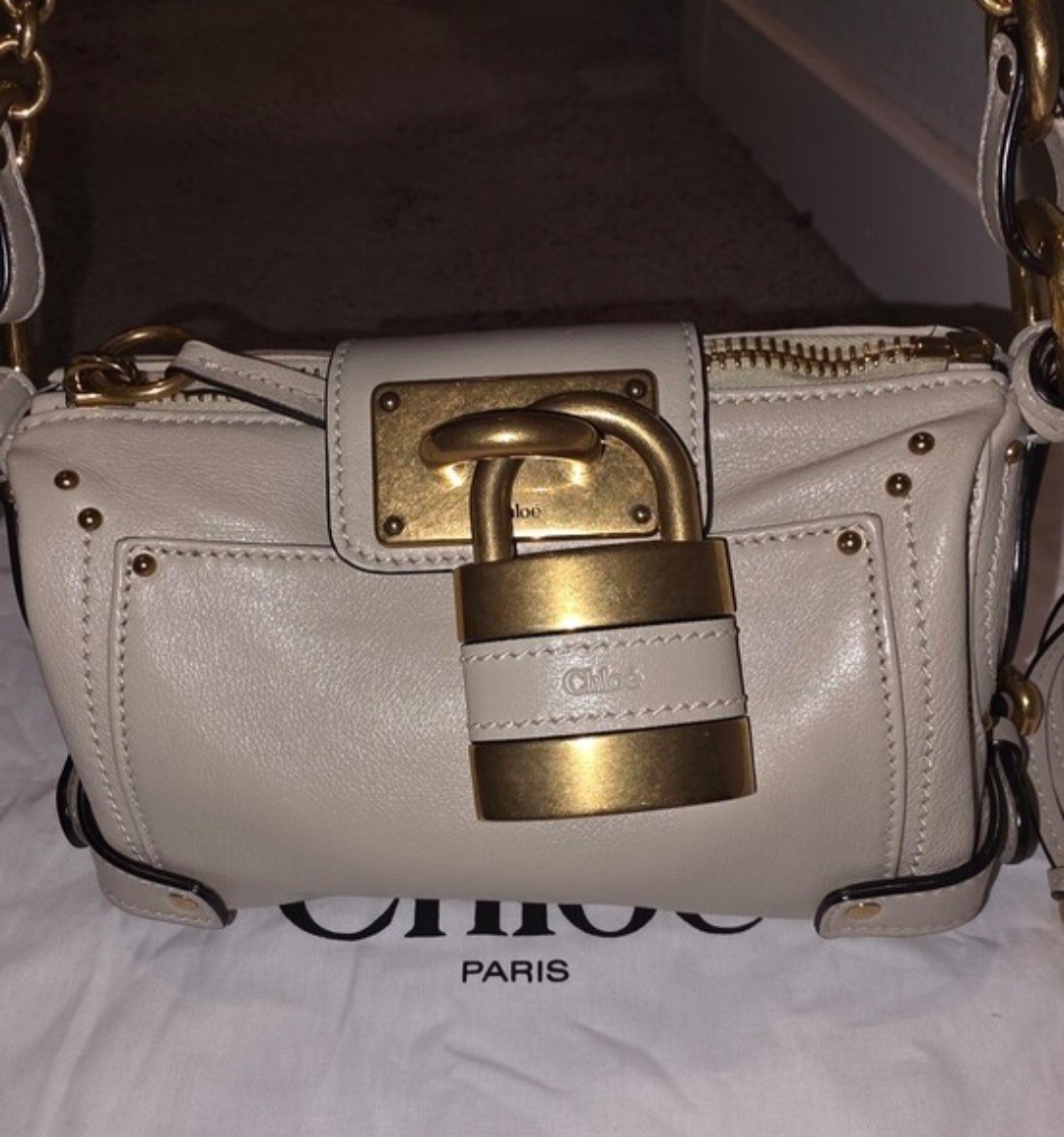 Chloé Beige Small Shoulder Bag Zip Padlock Gold Hardware Key Lock Dust Bag COA