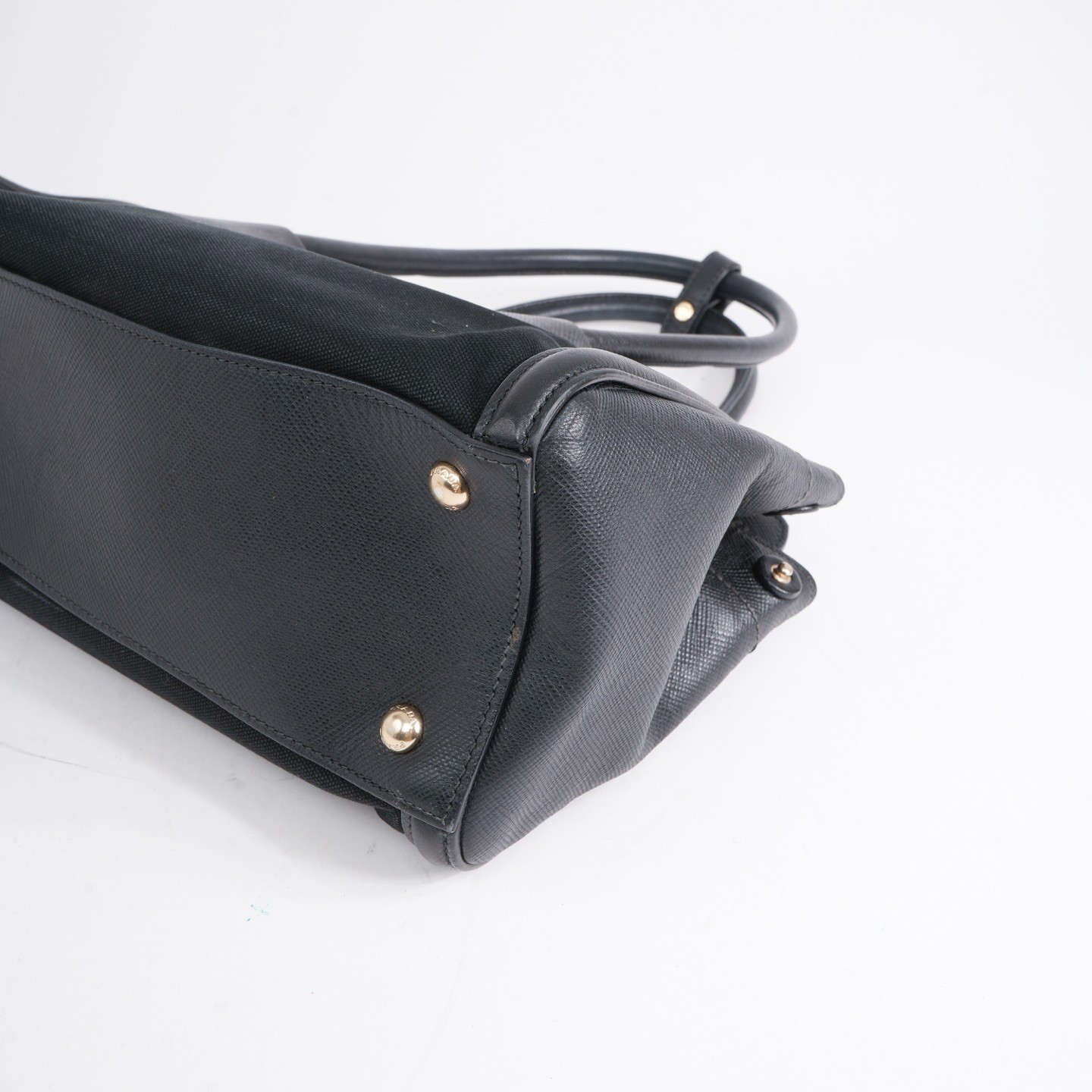 Prada Esplanade Black Canvas Saffiano Leather Front Pocket Tote Handbag