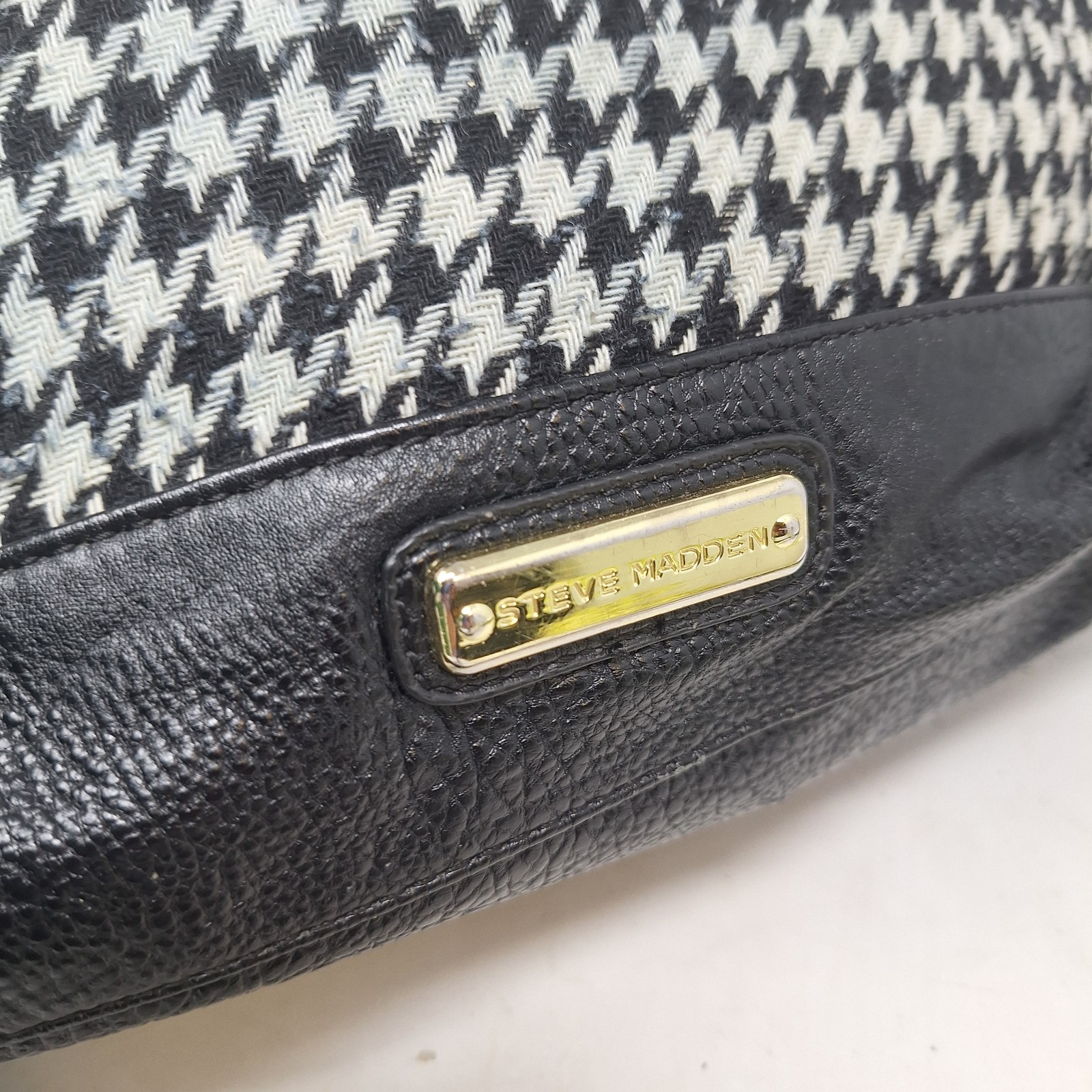 Steve Madden Black White Houndstooth Fabric Faux Leather Tote Bag Academia