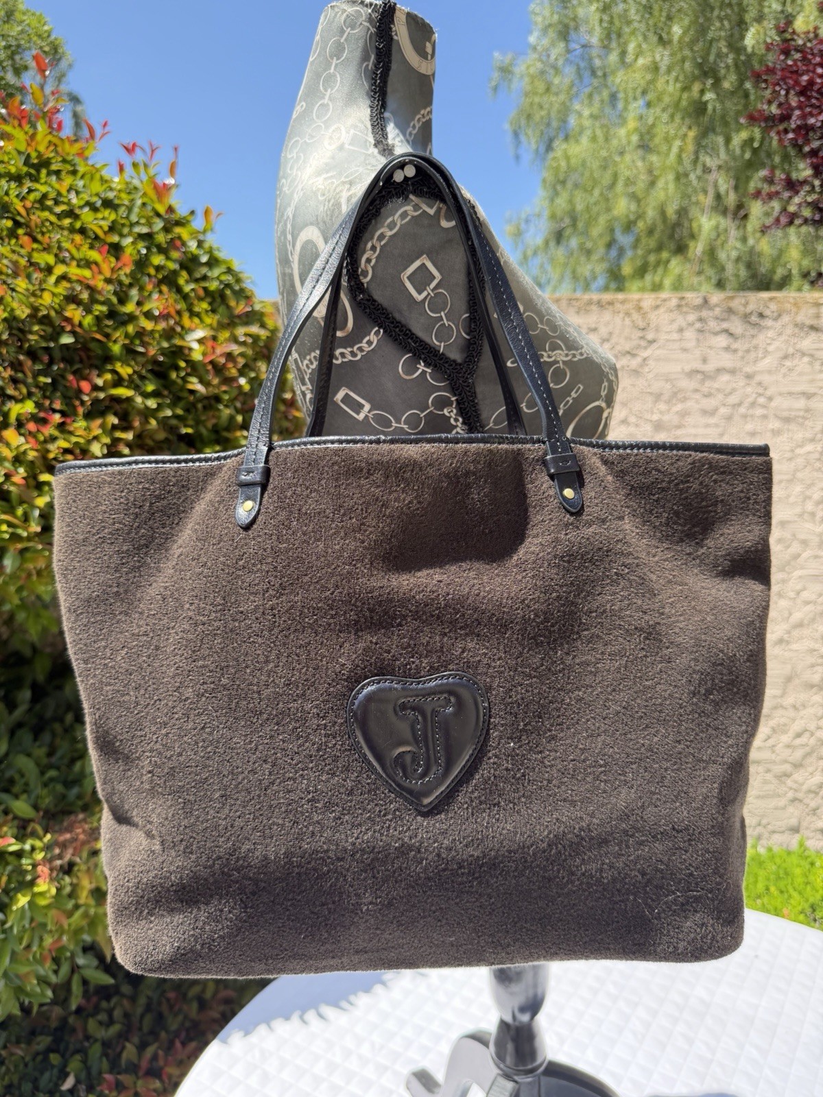 Vintage Y2K Juicy Couture Brown & Black Velour Tote Bag Charm Crown Cursive Logo