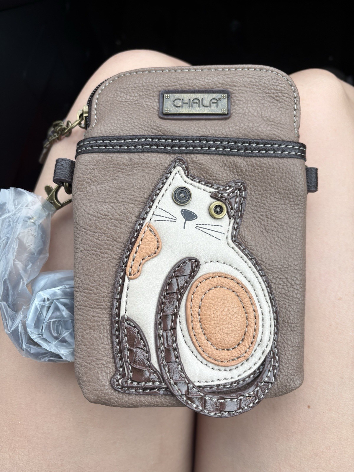 Chala Cat Applique Brown Small Crossbody Bag Zip Polka Dot Lining Charm