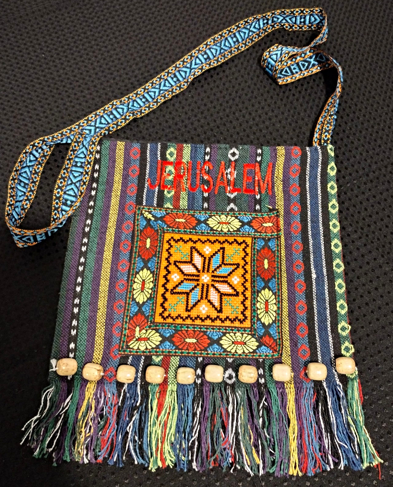 Multicolor Jerusalem Crossbody, Embroidered Beaded Fringe, Zip, Lined 12″x11″