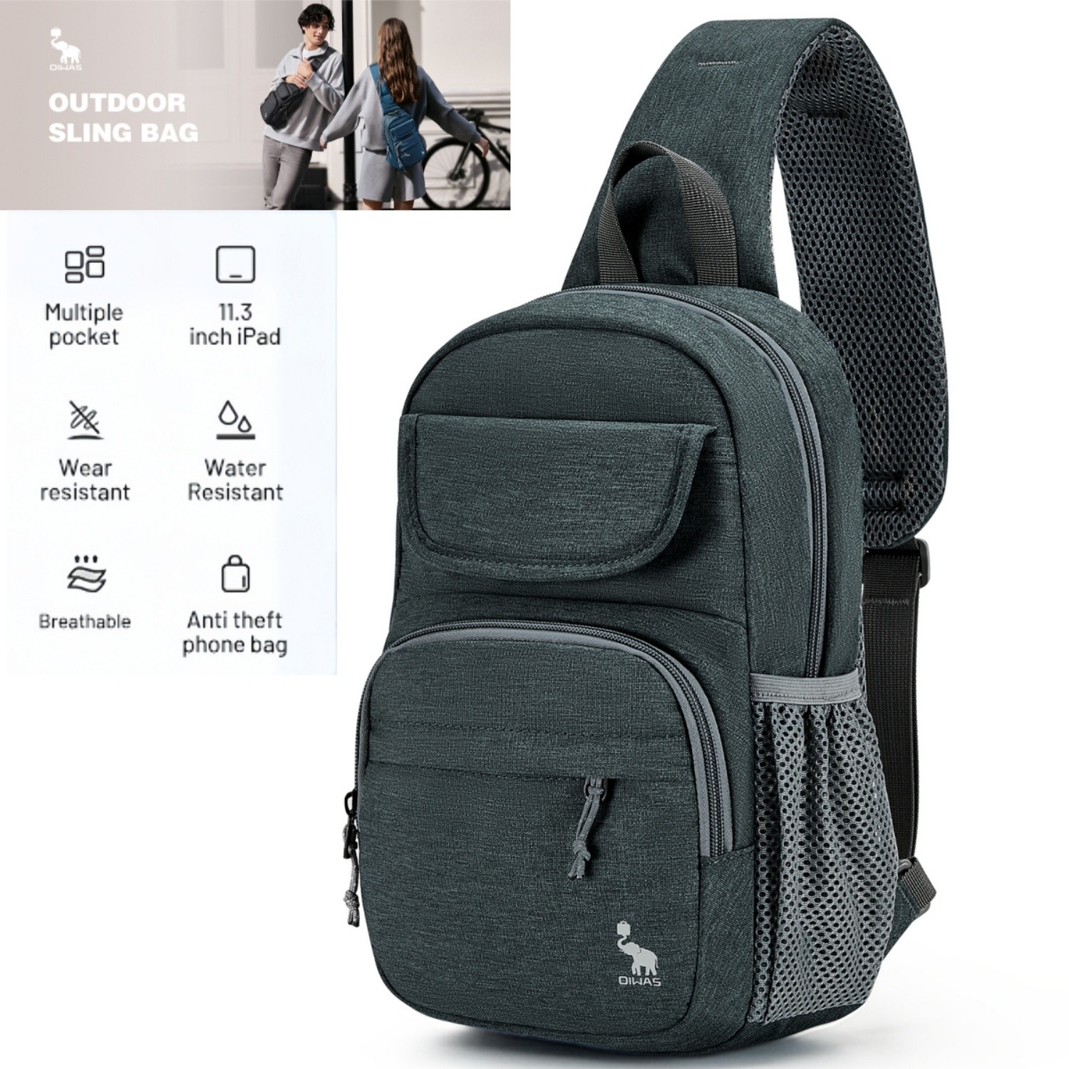 OIWAS Sling Crossbody Bag Casual Shoulder Bag Women Men’s Travel Chest Pack Gray
