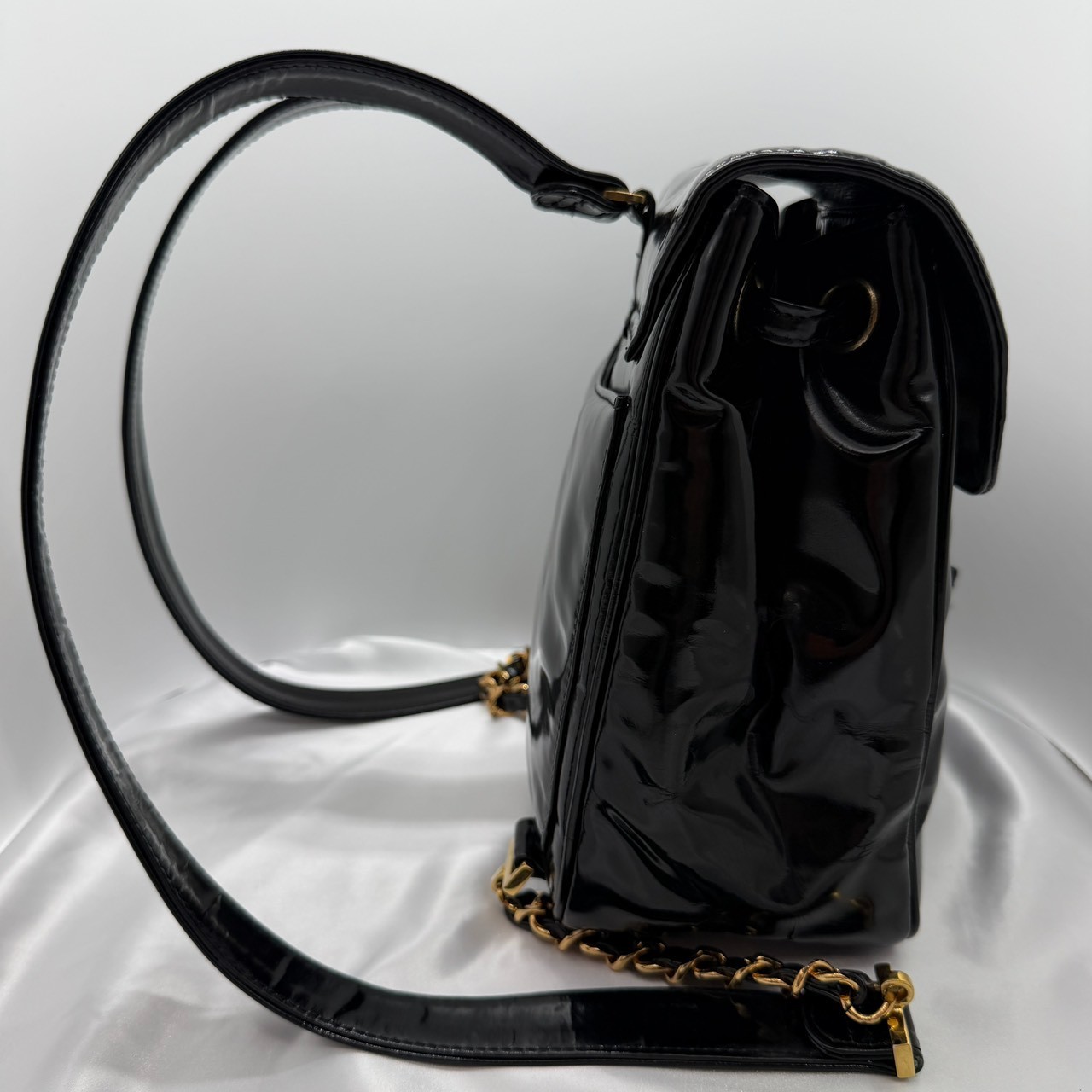 CHANEL Vintage Patent Leather Backpack Black CC Turn Lock Gold Hardware