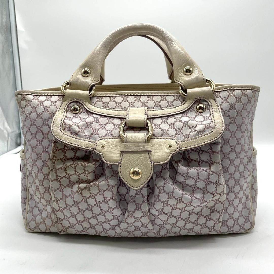 CELINE Macadam Boogie Bag Triomphe Handbag Purple Beige Leather Canvas Auth