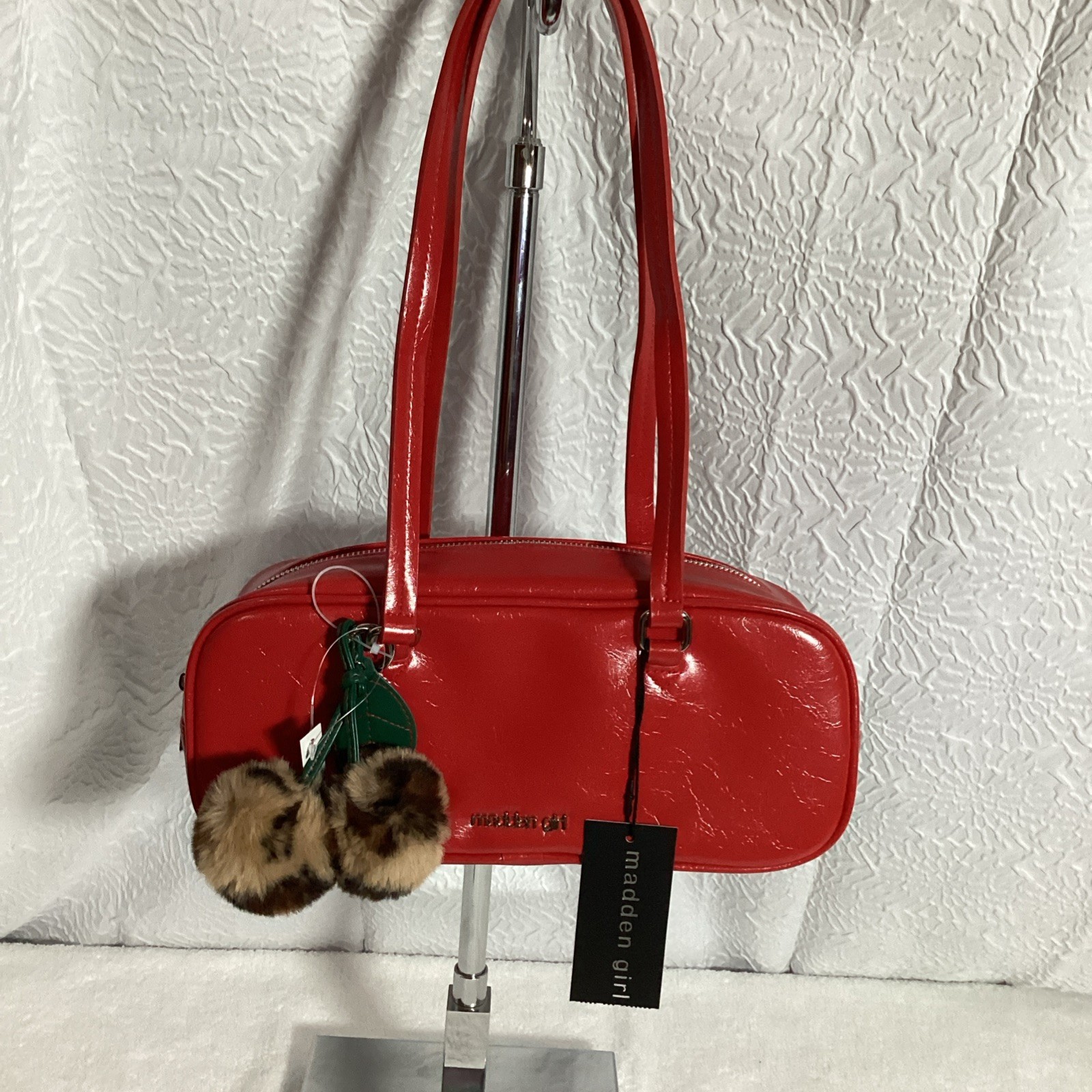 Madden Girl Glossy Red Fashion Shoulder Bag W/ Pom Pom Charm NEW Classy!