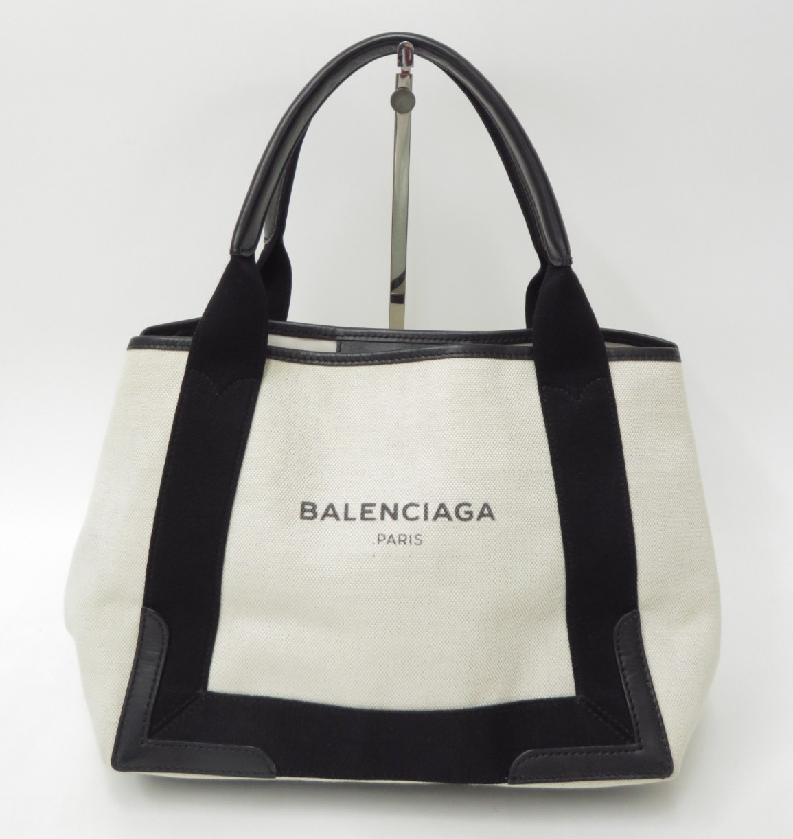 Authentic Balenciaga Navy Cabas S Canvas Leather Tote Hand Bag I#52477