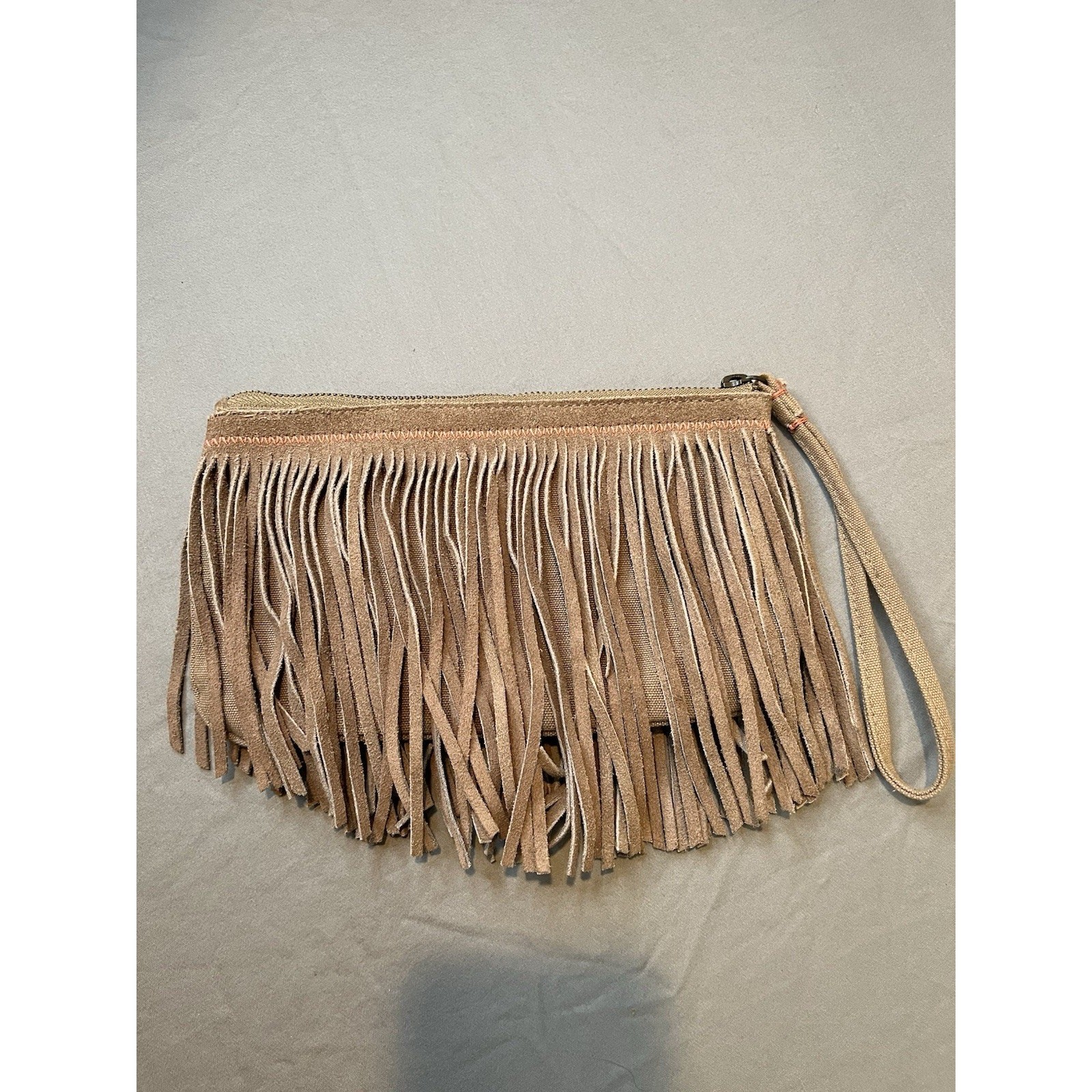 American Eagle Purse Small AEO Wristlet Boho Fringe Suede On Canvas Light Brown