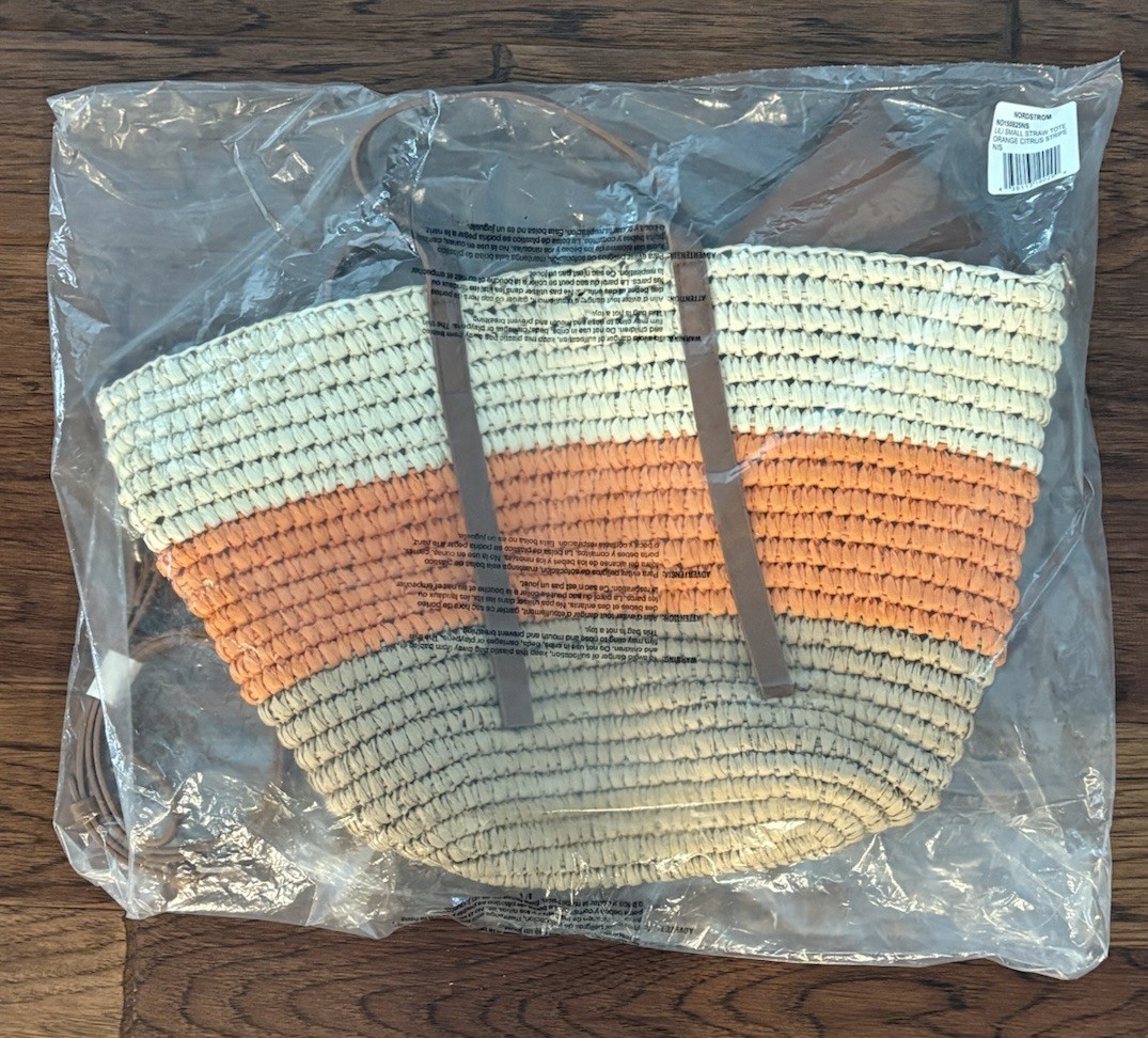 Nordstrom Women’s Small Tote Bag Orange/Beige Striped, Brown Double Handles
