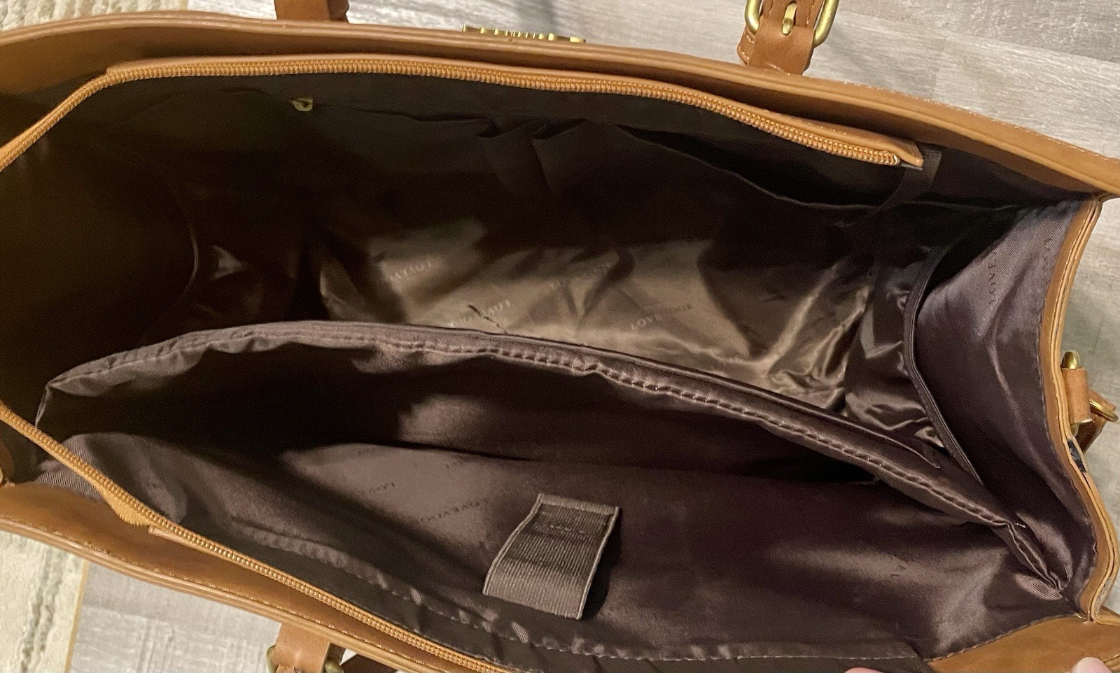 Lovevook Brown Floral Embossed Tote Zip Shoulder Strap Gold Hardware