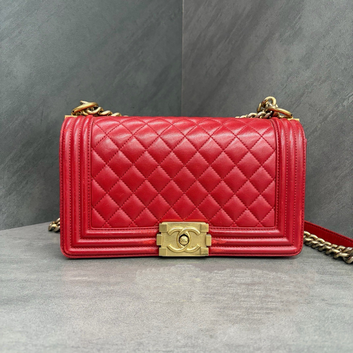 CHANEL Le Boy Medium Red Quilted Leather Flap Crossbody Shoulder Bag