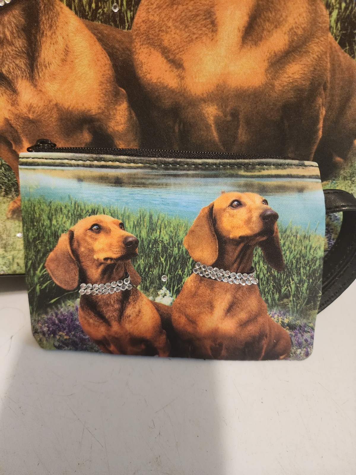 Dachshund Purse w/Rhinestone Bling – 9 1/2″ High x 11″ Wide Doxie Dogs Handbag