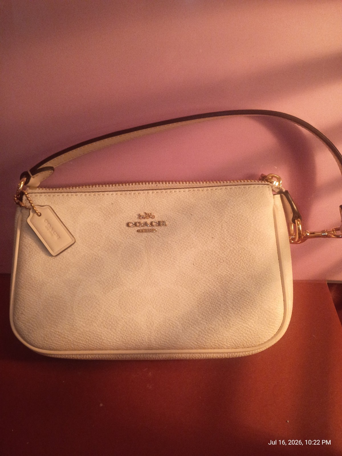 Coach Ivory Pebbled Wristlet Clutch Logo Accent Zip Closure Gold Hardware
