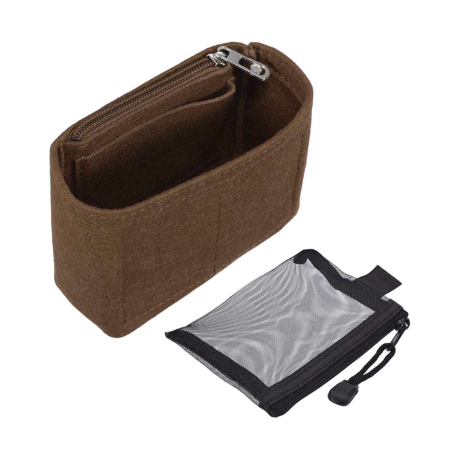 Mini Felt Purse Organizer Insert with Zipper Pouch for Women Phones, Brown