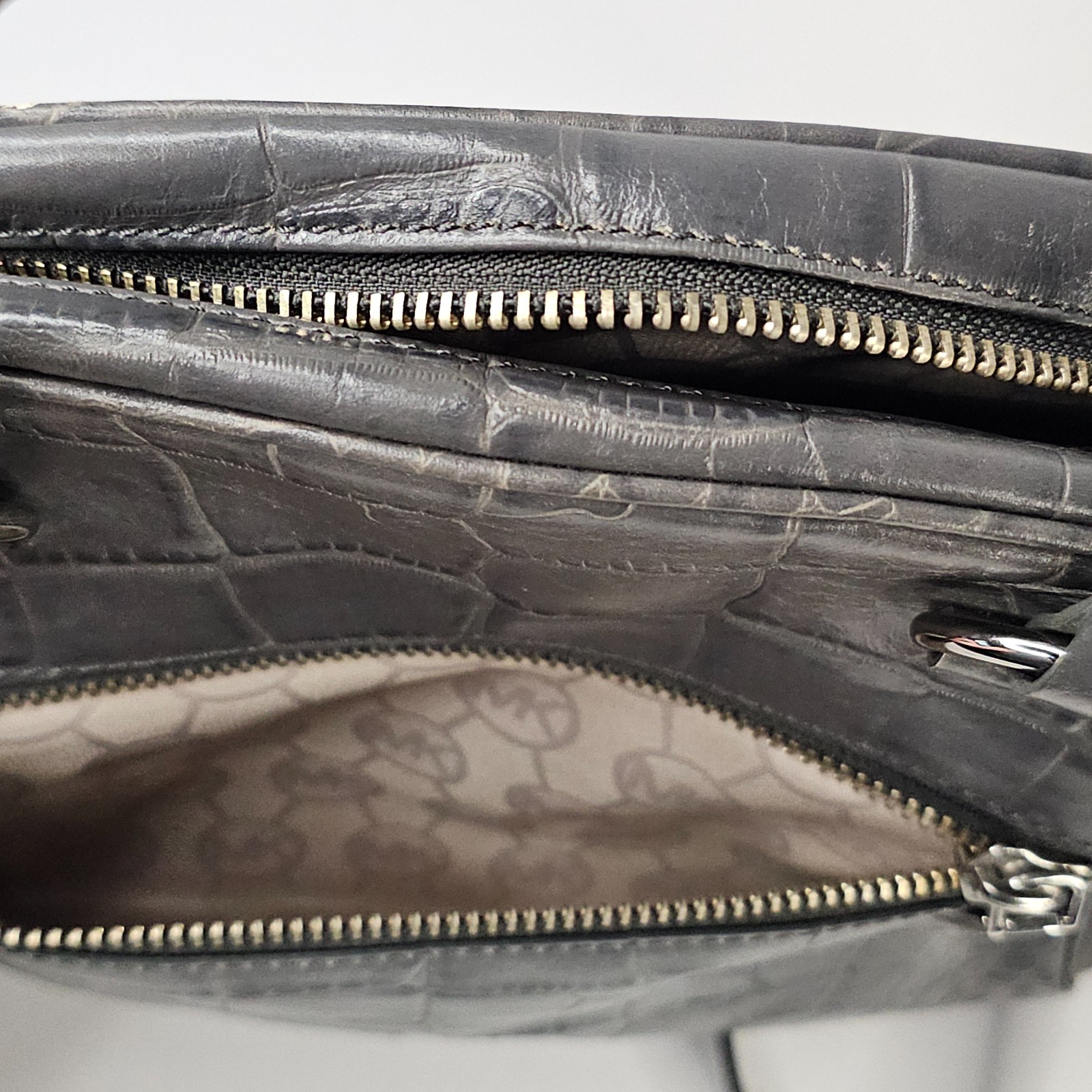 Michael Kors Croc Embossed Leather Handbag GRAY Lock Key Satchel