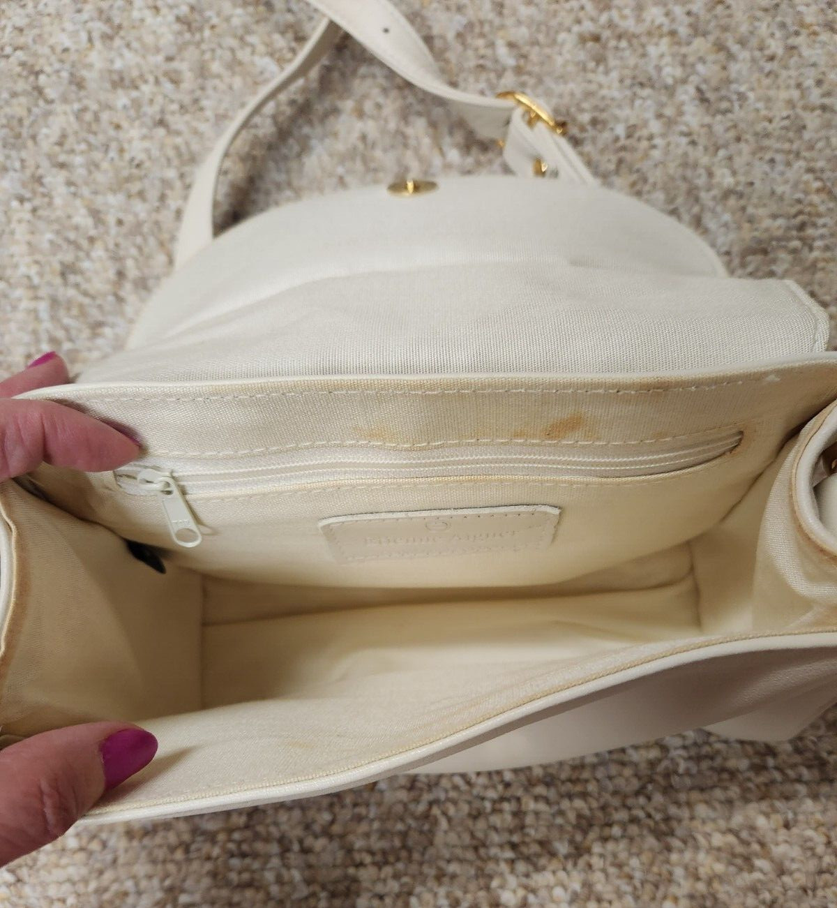 Etienne Aigner Leather Ivory Handbag with Crossbody Adustable Strap Gold Accents