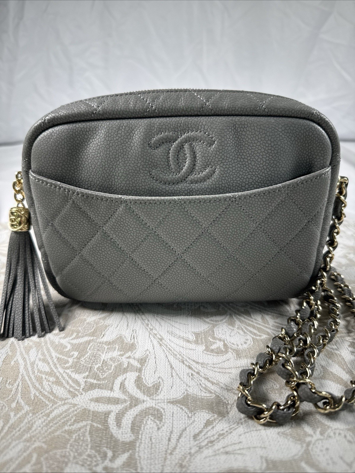 Chanel Camera Bag Gray Caviar Leather Coco Tassel Shoulder Purse