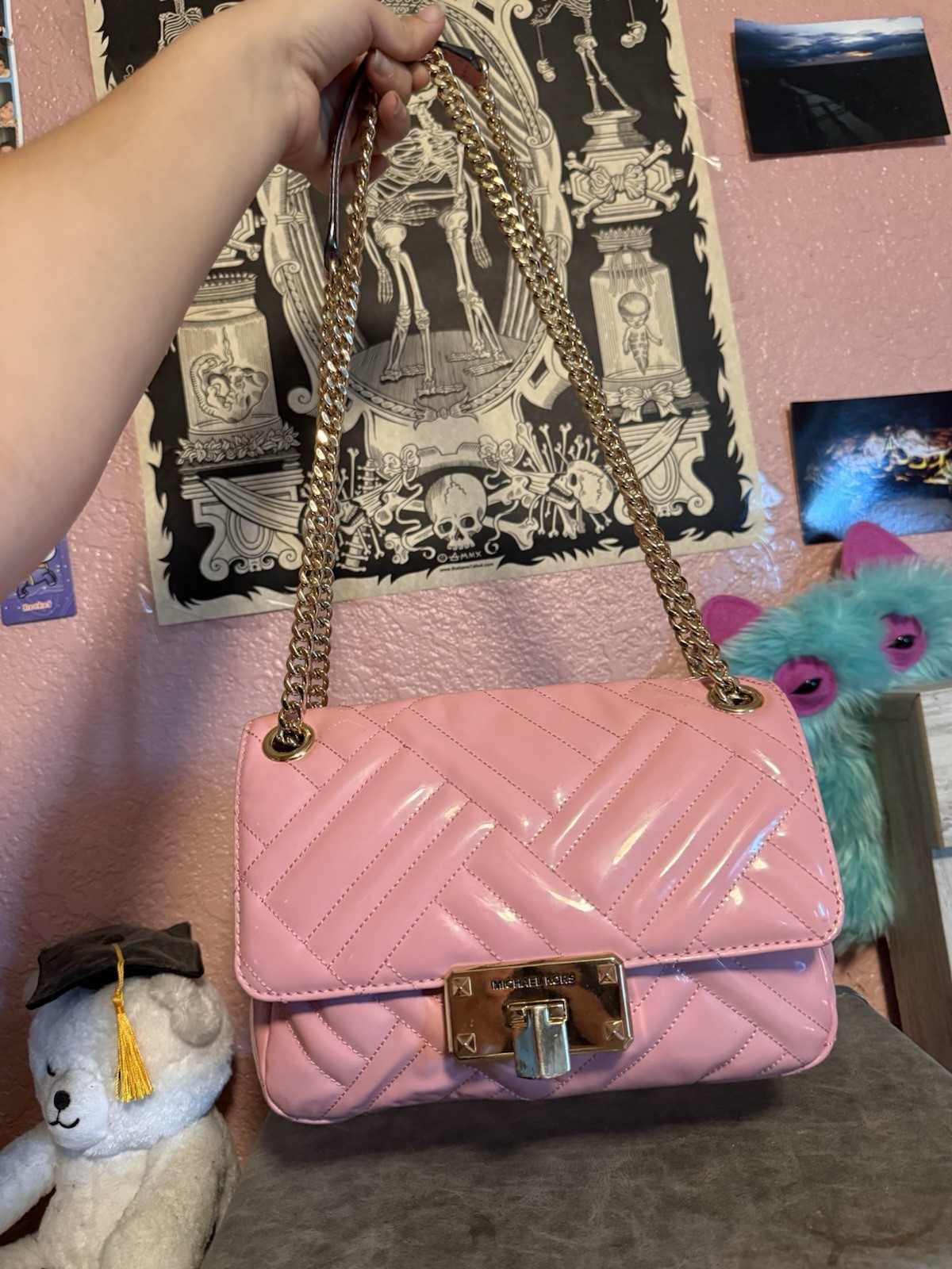 Michael Kors Pink Quilted Shoulder Bag Gold Chain Strap Push Lock, Inner Pockets