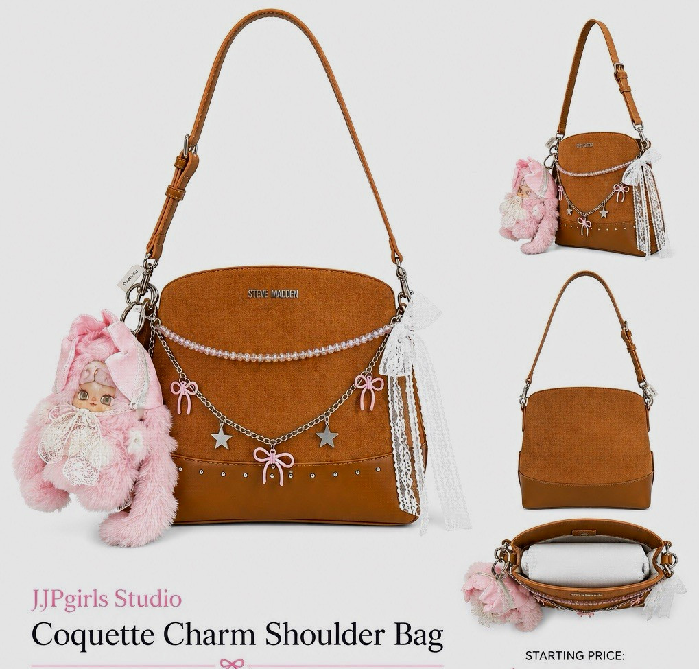 Steve Madden Small Shoulder Bag Brown/Pink Snap, Charm, Chain Lace, Y2K