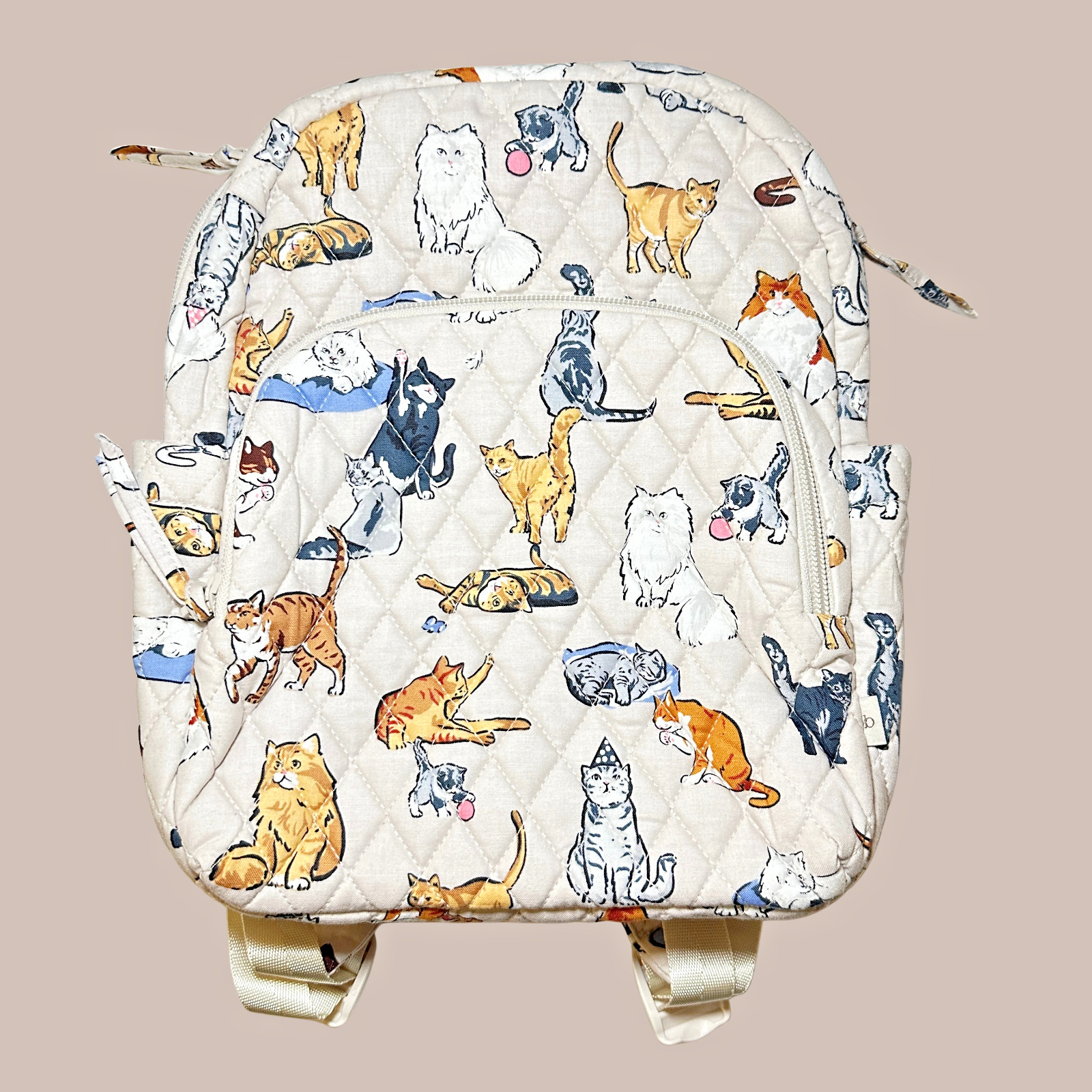 New Vera Bradley A CATS LIFE Essential Small Backpack Quilted Cotton Beige