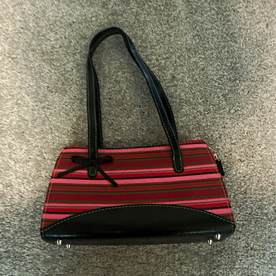Striped Red/Black Shoulder Bag w/ Double Handles, Zip Closure, Bow, Lined