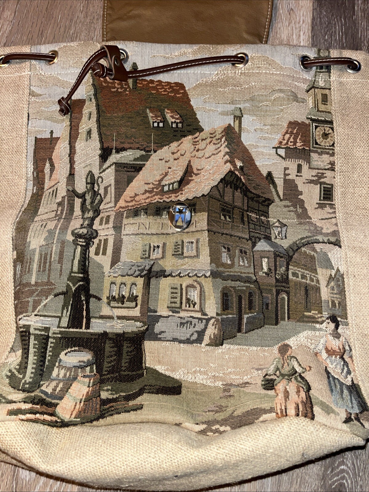 Burlap Backpack With Tapestry Design Of & Purchased In Oberammergau, Germany