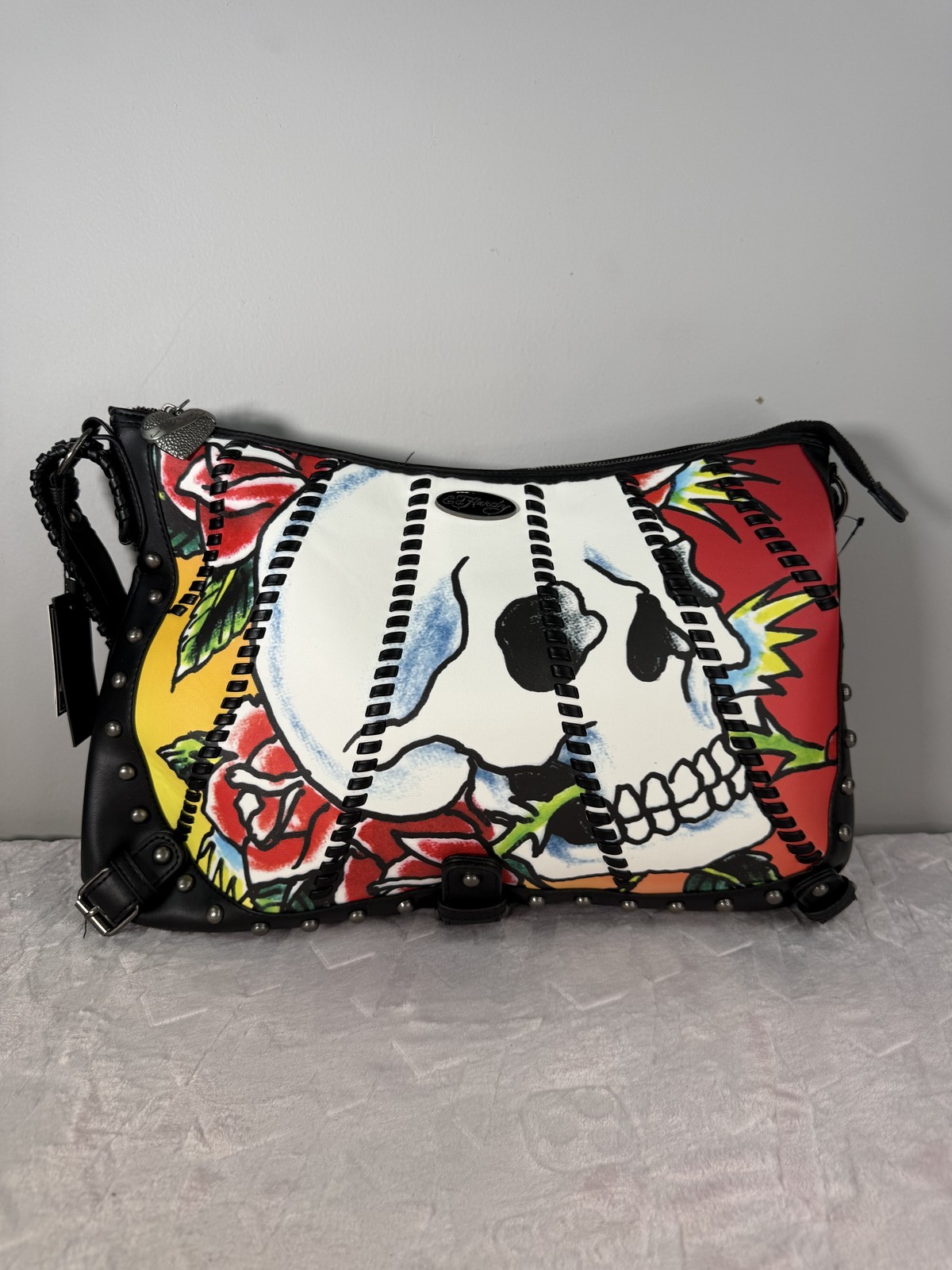 Ed Hardy Skull & Roses Studded Shoulder Bag