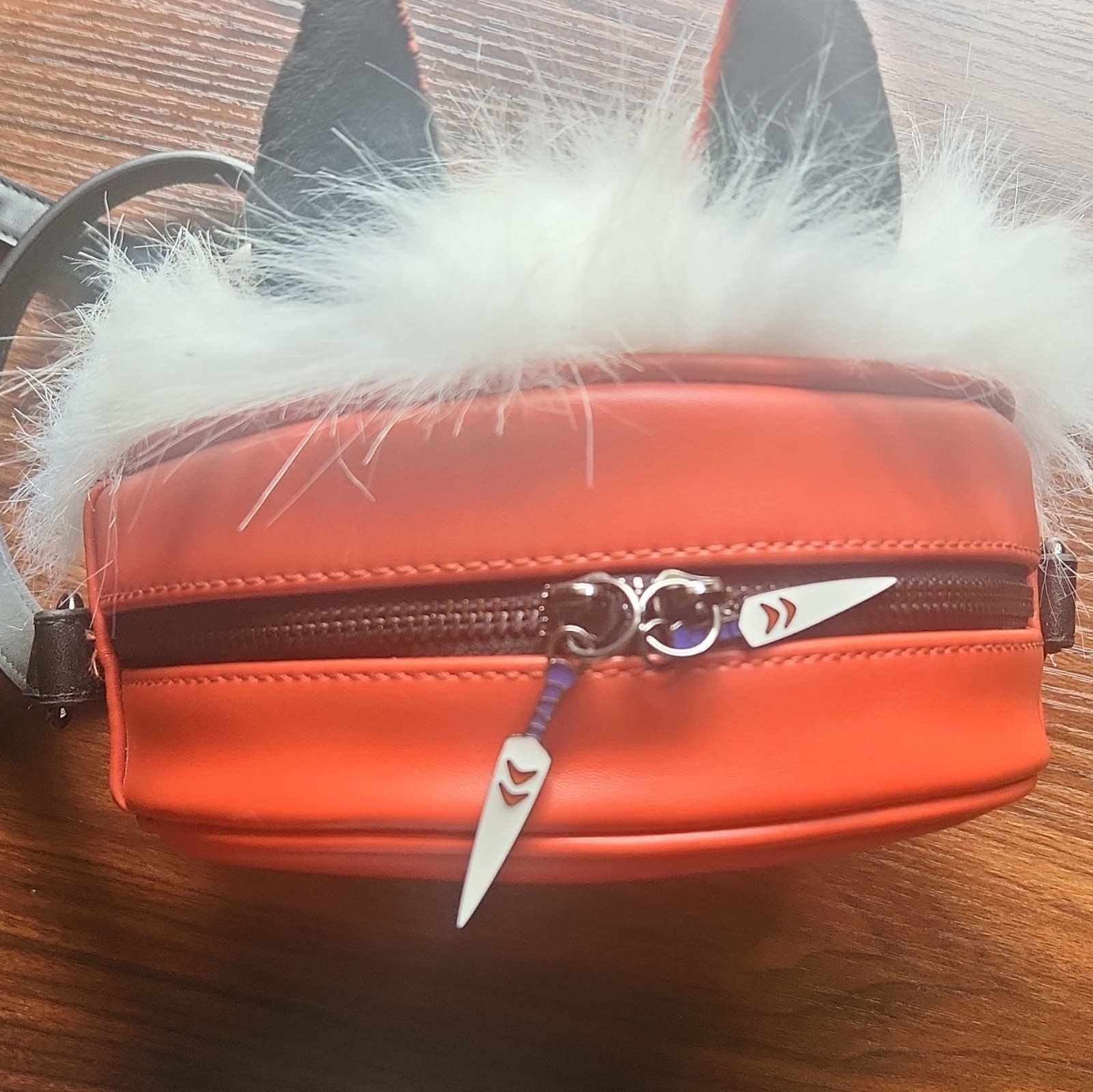 Small Round Orange/White Forest Spirit Face Crossbody, Faux Fur Trim, Zip