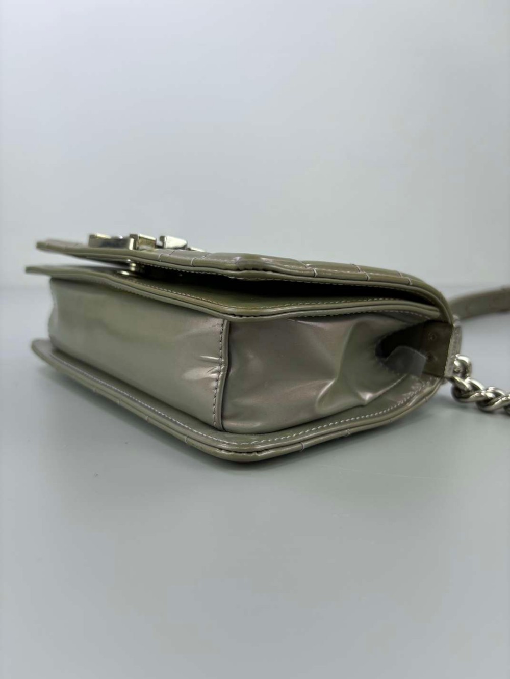 Chanel le boy Smooth cowhide embossed logo shoulder bag silver gray small