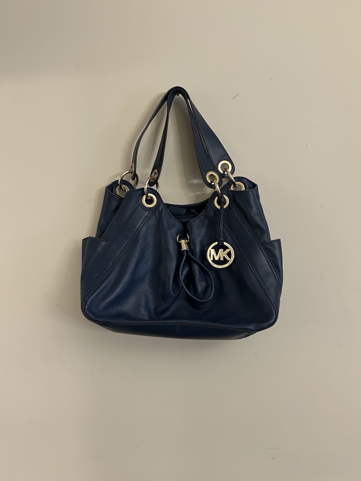 Michael Kors Ludlow Handbag Blue Soft Leather Tote Purse Gold Drawstring Details
