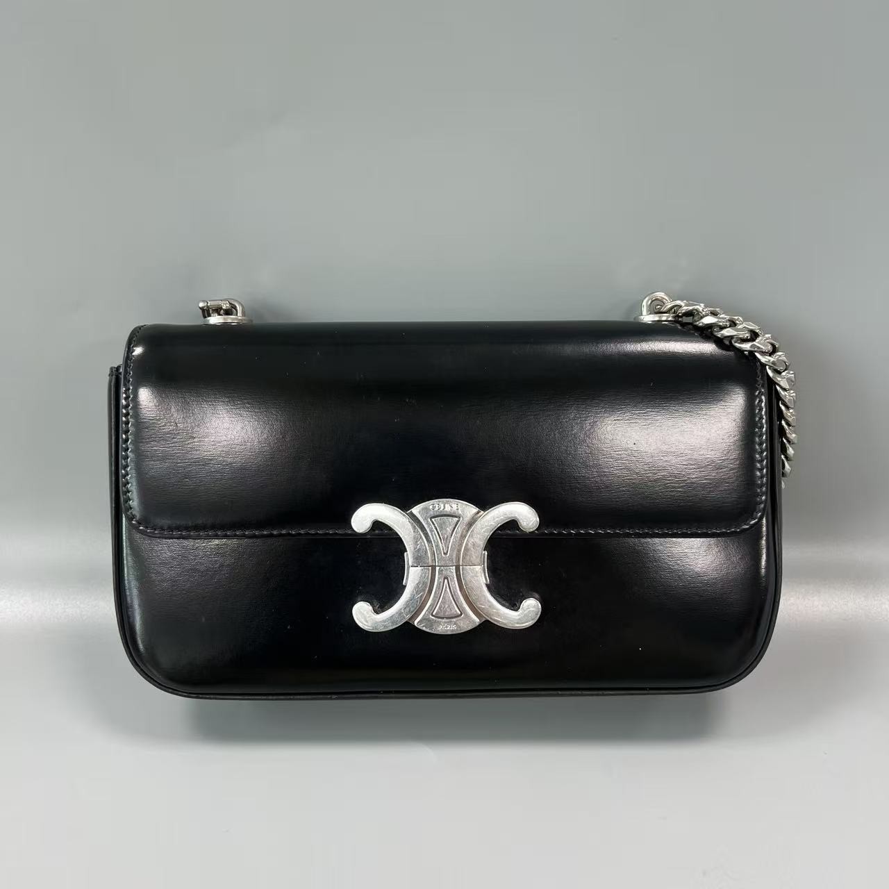 Auth Celine Triomphe Black Shiny Calfskin Leather Chain Shoulder Bag